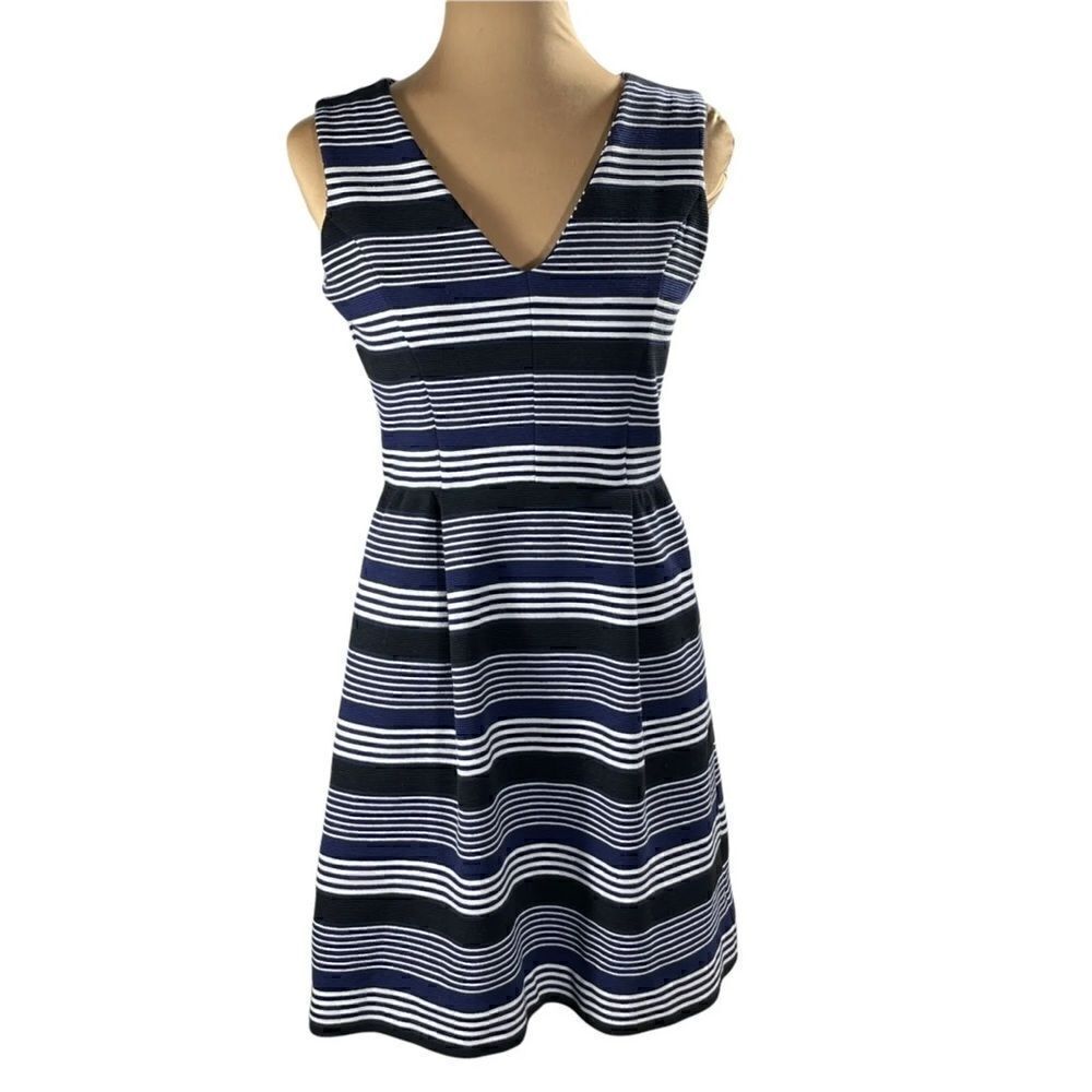 Madewell Gallerist Pointe V-Neck Sleeveless Blue Black Stripe Dress | S - Picture 2 of 7